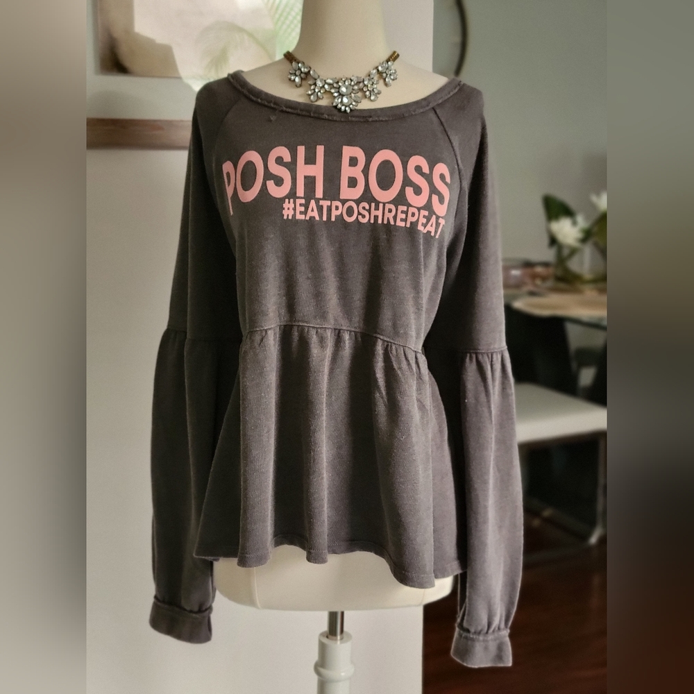 NWT POSH BOSS Long Sleeve Peplum Top by SO dark gray charcoal oversized